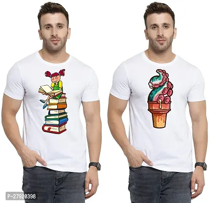 Elegant White Cotton Printed Round Neck Tees For Men- Pack Of 2-thumb0