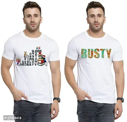 Elegant White Cotton Printed Round Neck Tees For Men- Pack Of 2