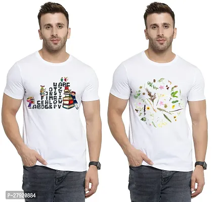 Elegant White Cotton Printed Round Neck Tees For Men- Pack Of 2-thumb0