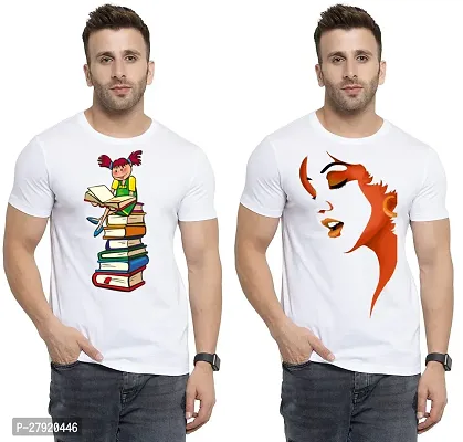 Elegant White Cotton Printed Round Neck Tees For Men- Pack Of 2-thumb0