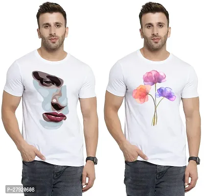 Elegant White Cotton Printed Round Neck Tees For Men- Pack Of 2-thumb0