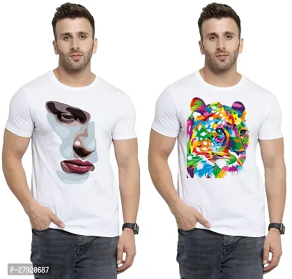 Elegant White Cotton Printed Round Neck Tees For Men- Pack Of 2-thumb0