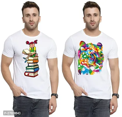 Elegant White Cotton Printed Round Neck Tees For Men- Pack Of 2