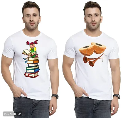 Elegant White Cotton Printed Round Neck Tees For Men- Pack Of 2-thumb0