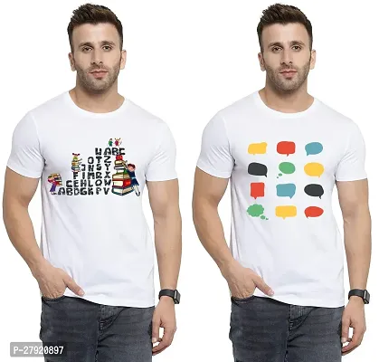 Elegant White Cotton Printed Round Neck Tees For Men- Pack Of 2-thumb0