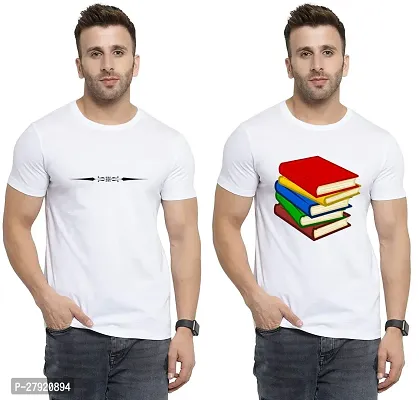 Elegant White Cotton Printed Round Neck Tees For Men- Pack Of 2