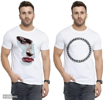 Elegant White Cotton Printed Round Neck Tees For Men- Pack Of 2-thumb0