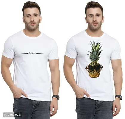 Elegant White Cotton Printed Round Neck Tees For Men- Pack Of 2