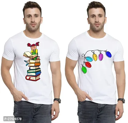 Elegant White Cotton Printed Round Neck Tees For Men- Pack Of 2-thumb0