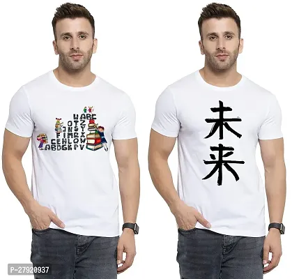 Elegant White Cotton Printed Round Neck Tees For Men- Pack Of 2-thumb0