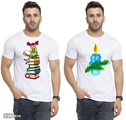 Elegant White Cotton Printed Round Neck Tees For Men- Pack Of 2