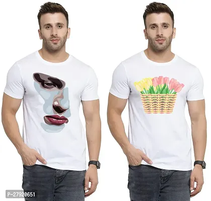 Elegant White Cotton Printed Round Neck Tees For Men- Pack Of 2-thumb0