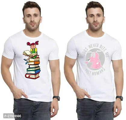 Elegant White Cotton Printed Round Neck Tees For Men- Pack Of 2