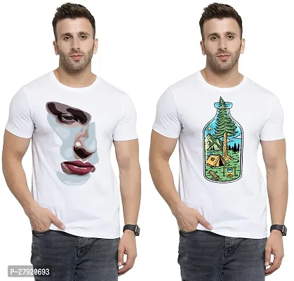 Elegant White Cotton Printed Round Neck Tees For Men- Pack Of 2-thumb0