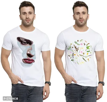 Elegant White Cotton Printed Round Neck Tees For Men- Pack Of 2