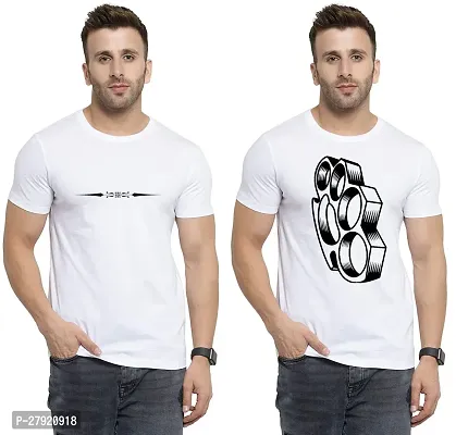 Elegant White Cotton Printed Round Neck Tees For Men- Pack Of 2-thumb0