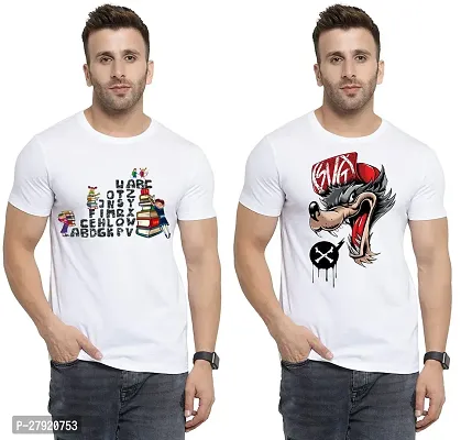 Elegant White Cotton Printed Round Neck Tees For Men- Pack Of 2-thumb0