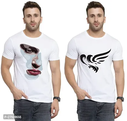 Elegant White Cotton Printed Round Neck Tees For Men- Pack Of 2-thumb0