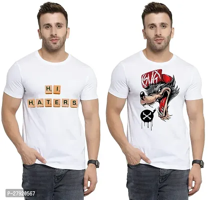 Elegant White Cotton Printed Round Neck Tees For Men- Pack Of 2-thumb0