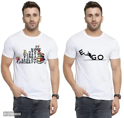 Elegant White Cotton Printed Round Neck Tees For Men- Pack Of 2-thumb0