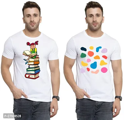 Elegant White Cotton Printed Round Neck Tees For Men- Pack Of 2-thumb0