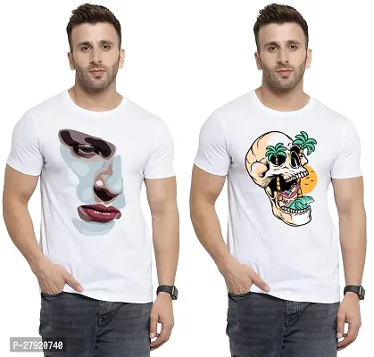 Elegant White Cotton Printed Round Neck Tees For Men- Pack Of 2