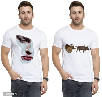 Elegant White Cotton Printed Round Neck Tees For Men- Pack Of 2-thumb0