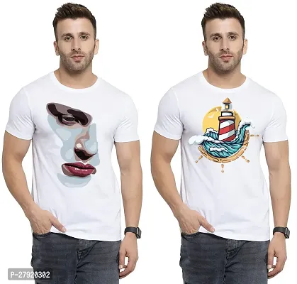 Elegant White Cotton Printed Round Neck Tees For Men- Pack Of 2-thumb0