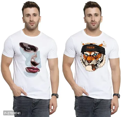 Elegant White Cotton Printed Round Neck Tees For Men- Pack Of 2-thumb0