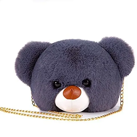 LIGHTER HOUSE? Cutest Bear Animal 2-in-1 Sling Cum Backpack Bag Messenger Bags Faux Fur Handbag Chain Cartoon Look (01 Pc.) Grey