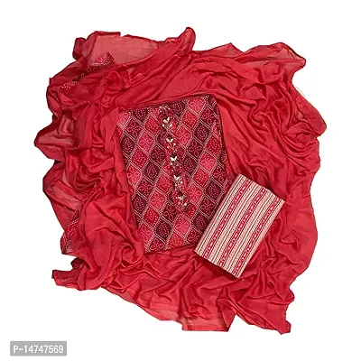 Elegant Red Cotton  Dress Material with Dupatta For Women