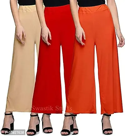 Swastik Stuffs Women's Soft and Stretchable Malai Lycra Palazzo Pants Combo (Skin, Red and Orange, Free Size) - Pack of 3