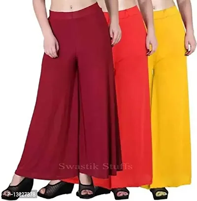 Swastik Stuffs Women's Soft & Stretchable Malai Lycra Free Size Plazzo Pants for Women Palazzo Pants for Womens Plazoo Plazo Combo (Pack of 3) Free Size