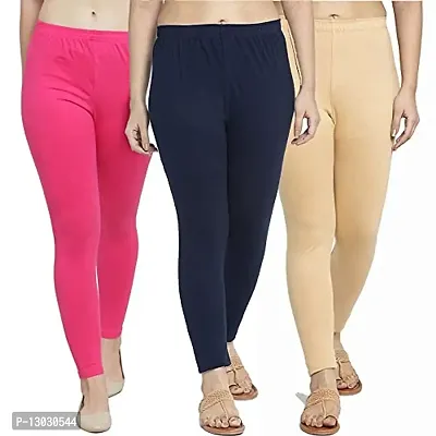 Swastik Stuffs Women's Slim Fit Cotton Blend Leggings (SSAL--PNavyS3_Beige, Pink, Navy Blue_XL)