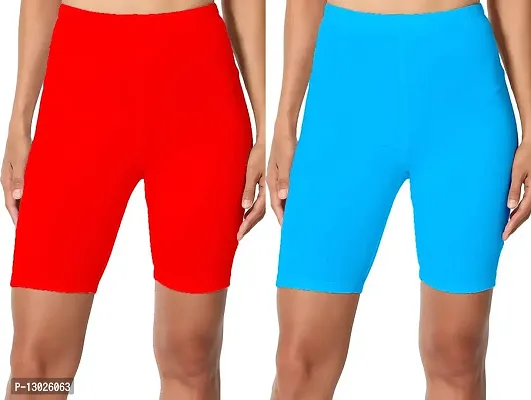 Swastik Stuffs Biowashed Cotton Lycra Cycling, Yoga, Workout and Gym Shorts for Women (Pack of 2, Red, SKB Blue, Size : M)-thumb0