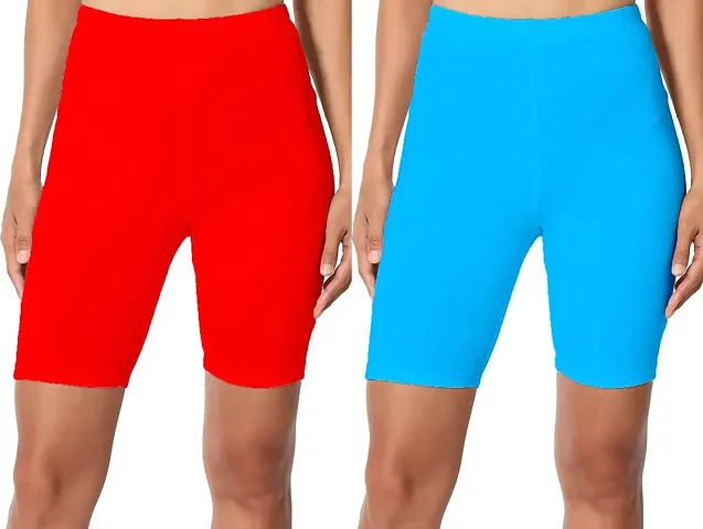 Swastik Stuffs Biowashed Cotton Lycra Cycling, Yoga, Workout and Gym Shorts for Women (Pack of 2, Red, SKB Blue, Size : M)