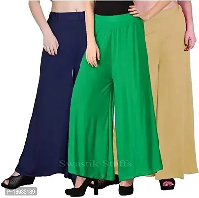 Swastik Stuffs Women's Soft & Stretchable Malai Lycra Free Size Plazzo Pants for Women Palazzo Pants for Womens Plazoo Plazo Combo (Pack of 3) Free Size-thumb0