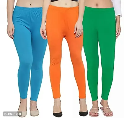 Swastik Stuffs Women's Slim Fit Cotton Blend Leggings (SSAL--SkbOG3_Sky Blue, Orange, Green_XL)