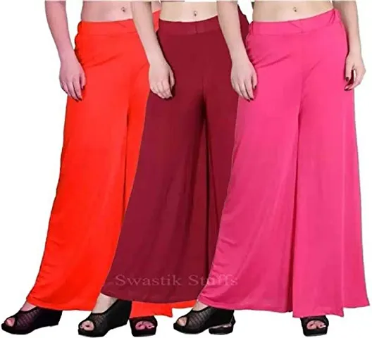 Swastik Stuffs Women's Soft & Stretchable Malai Lycra Free Size Plazzo Pants for Women Palazzo Pants for Womens Plazoo Plazo Combo (Pack of 3) Free Size