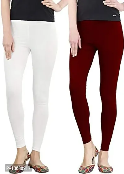 Swastik Stuffs Ankle Length Leggings Combo for Womens Free Size (SSALWM2_White,Maroon) (Pack of 2)