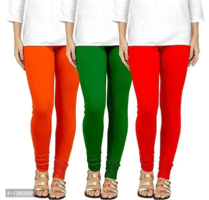 Swastik Stuffs Women's Regular Fit Cotton Leggings (SSCLOGR3_Orange, Green, Red_Free Size)