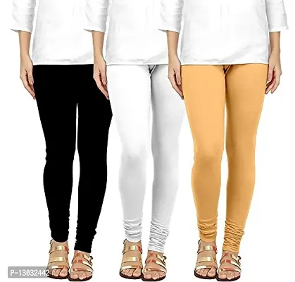 Swastik Stuffs Women's Cotton Lycra Regular Fit Leggings Combo (Black, White, Skin, Free Size) - Pack of 3