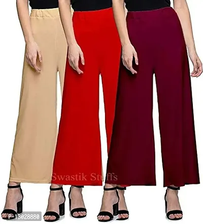 Swastik Stuffs Women's Stretchable Malai Lycra Palazzo Pants (SSMP_SRM3, Skin, Red, Maroon, Free Size) - Combo Pack of 3