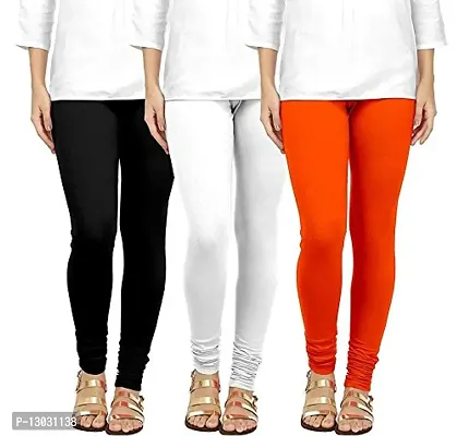 Swastik Stuffs Women's Cotton Lycra Regular Fit Leggings Combo (Black, White, Orange, Free Size) - Pack of 3