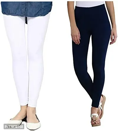 Swastik Stuffs Ankle Length Leggings Combo for Womens Free Size (SSALWNavy2_White,NavyBlue) (Pack of 2)