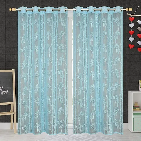 Fabrilia Tree Design Polyester Net Aqua Blue Door Eyelet Curtain Pack of 2 Piece for Living Room/Bedroom (4 feet x 7 feet)