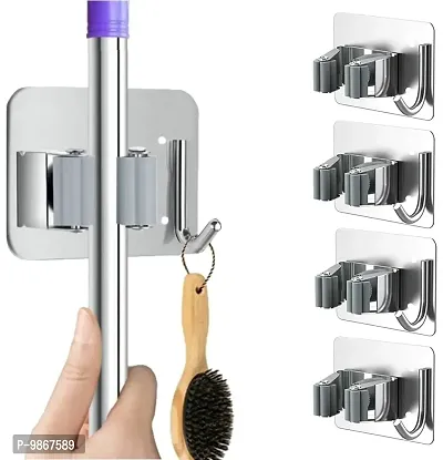 POPRUN Broom Mop Holder Set of 4 - Wall Mounted Stainless Steel Tool Organizer with 1 Rack 1 Hook for Garden, Garage or Bathroom Organization and Storage, Grey-thumb0