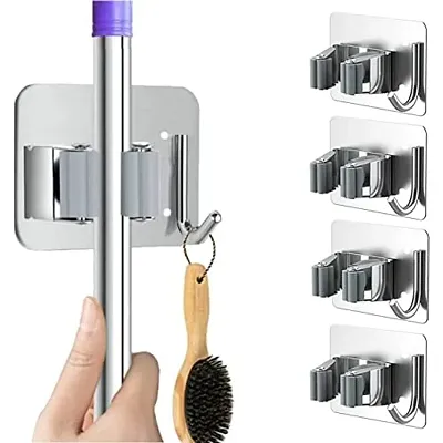 POPRUN Broom Mop Holder Set of 4 - Wall Mounted Stainless Steel Tool Organizer with 1 Rack 1 Hook for Garden, Garage or Bathroom Organization and Storage, Grey