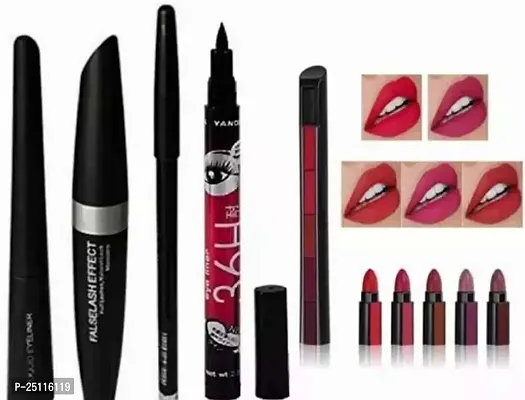 Hitan Combo Of Mascara, Liquid Eyeliner, Eyebrow Pencil, 36H Eyeliner And 5 In 1 Red Edition Lipstick