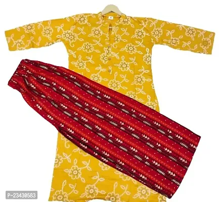 DAWN GODDESS Women's Cotton Blend Printed Kurti with Palazzo(Yellow,L)-thumb0